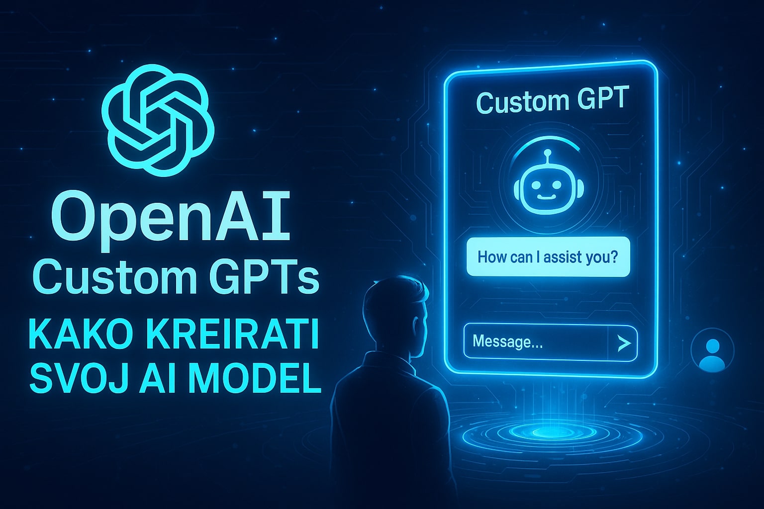 OpenAI Custom GPTs – Brzi početak: 3 koraka do vašeg AI asistenta Futuristička ilustracija prikazuje koncept OpenAI Custom GPTs sa digitalnim interfejsom i stilizovanim elementima veštačke inteligencije