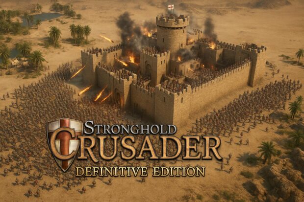 Stronghold Crusader Definitive Edition siege battle with catapults, ladders, and flaming projectiles